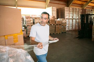 Warehouse worker wrapping packages with stretch film