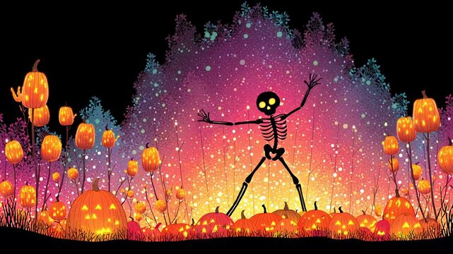 Halloween pumpkin patch glowing jack o lantern spooky skeleton dancing night colorful starry forest festive mood