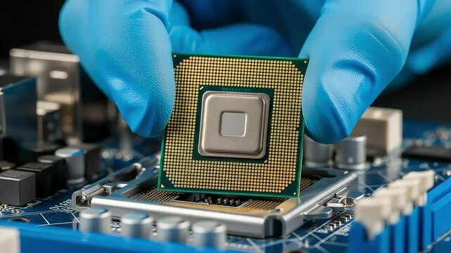 Closeup of a gloved hand installing a computer processor cpu onto a motherboard, showcasing advanced technology and electronic components