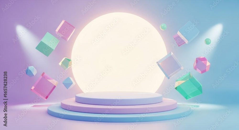 Poster pastel podium with floating crystal cubes and spheres under soft light on gradient