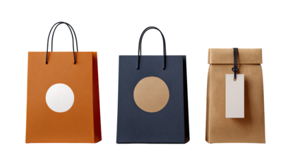Three paper shopping bags in various colors.  Two with circular, solid-colored accents, one with a tag