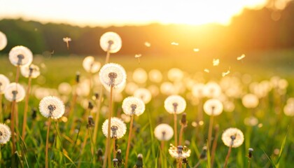 A vibrant spring field of dandelions, with their seeds blowing in the wind under a blue sky