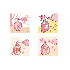 Pink perfume bottle vector with heart design and vintage atomizer spray illustration