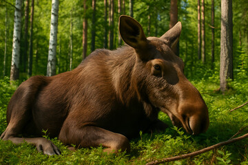 Large brown moose resting on grass in dense forest environment