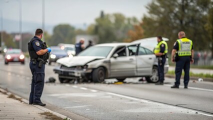 Crumpled car after road accident — police presence providing assistance and control