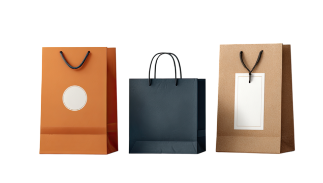 Three different colored paper shopping bags, arranged horizontally.  Each bag has a handle and a blank space for a label.  One bag is orange, one dark gray, and one light brown kraft