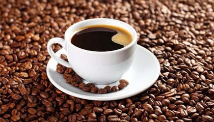 Fototapeta premium Close-up of fresh hot black coffee with roasted coffee beans and saucer