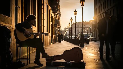 A guitarist serenades on a city street at sunset, creating a warm vibe. - Powered by Adobe