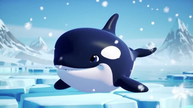 Killer whale cartoon character playfully jumping on icebergs in Arctic landscape with snowy mountains