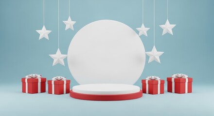 Podium with Red Gifts and White Stars, Round Backdrop on Pastel Blue Background