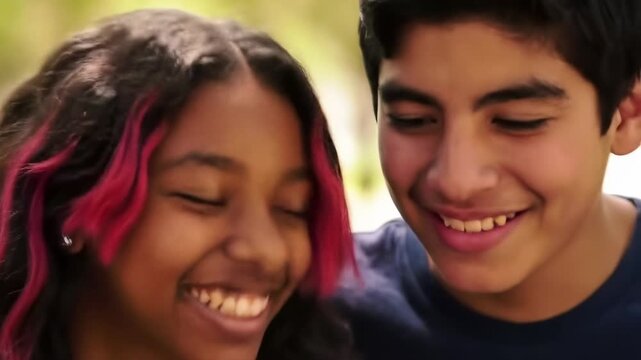 Smiling diverse teenagers enjoying outdoor interaction closeup portrait