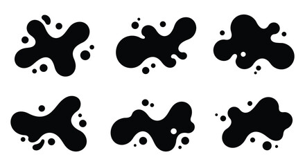 Black ink splatters on white background in various shapes and sizes silhouette