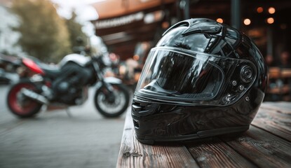 Close-up of a black motorcycle helmet resting on a city street with blurred bikes and urban background