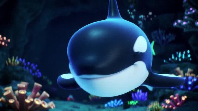Smiling killer whale cartoon swims underwater surrounded by colorful coral and fish in dark ocean depths with vibrant sea anemones.