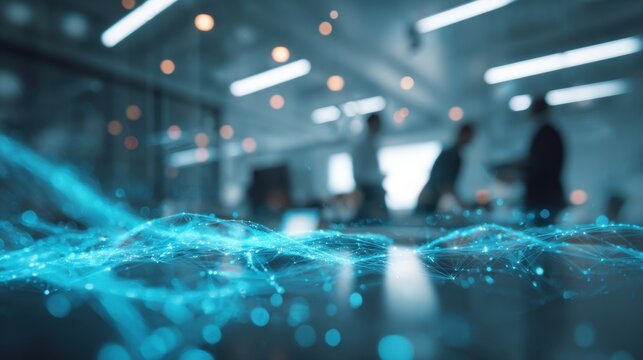 Close-up of a swimming pool with clear blue water and reflections, with blurred figures in the background at an indoor aquatic facility