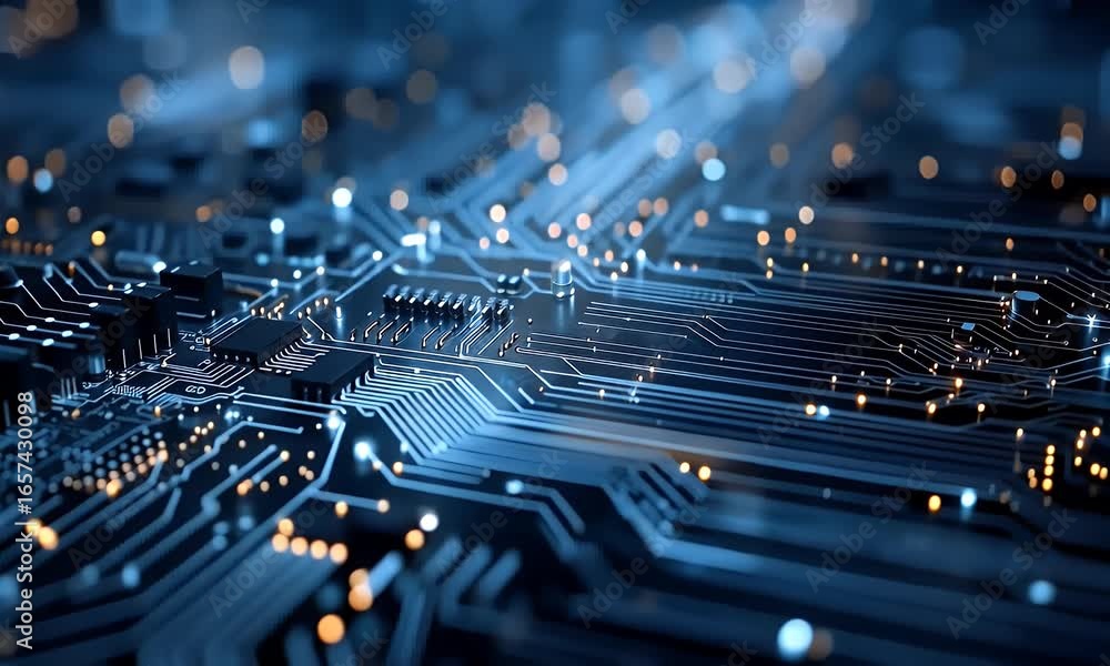 Poster abstract blue technological background with a circuit board, digital network, and data transfer conc