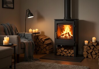 Cozy living room with a burning fireplace and candles