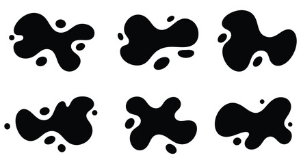 Black ink splatters on white background in various shapes and sizes silhouette
