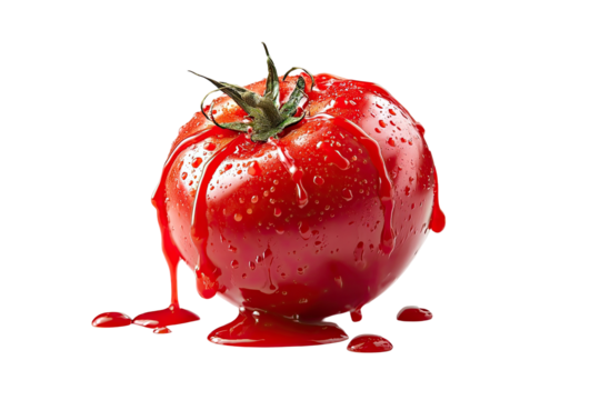 A vibrant red tomato, dripping with crimson liquid, isolated on black