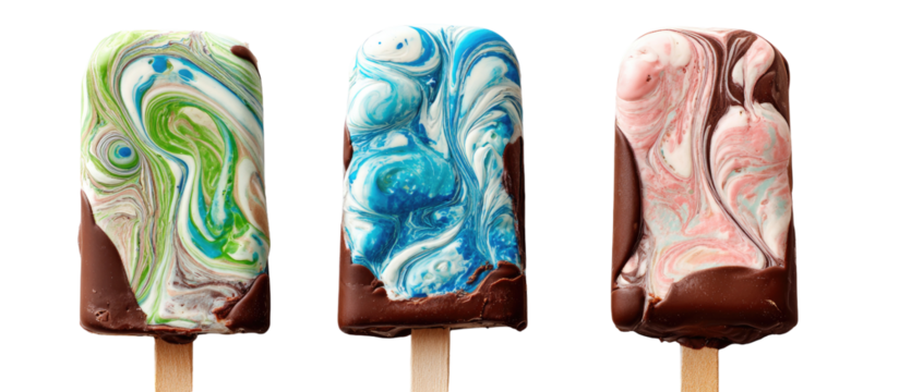Colorful swirl ice pops coated in chocolate