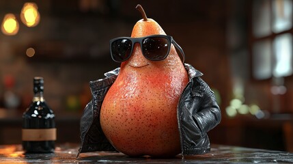 Pear with attitude dressed in leather jacket