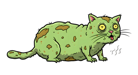 Obraz premium Green zombie cat cartoon with decayed fur, glowing eyes, and grotesque look. Creepy undead pet illustration perfect for horror designs