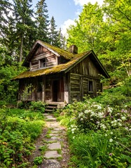 Rustic cabin nestled in a lush forest