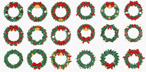 A collection of festive Christmas wreath illustrations decorated with red bows, bells, and berries.