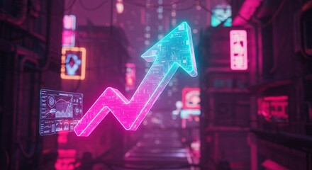 Futuristic neon graph shows upward trend with data analytics display in a vibrant cyberpunk city at night
