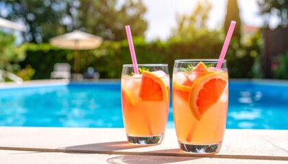 A red tropical cocktail with a straw and fresh fruit sits on the edge of a swimming pool