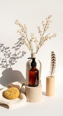 Naklejka premium Still life composition with amber glass bottle and delicate white flowers in a vase