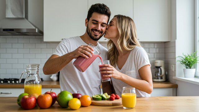 Happy couple making healthy fruit smoothie in bright kitchen