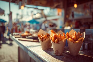 Paper cones filled with golden fried shrimp at a sunny street food market, surrounded by people and warm casual atmosphere.
