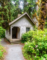 Rustic cabin nestled in lush forest