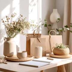 A still-life composition featuring paper bags, flowers, and various decorative objects on a table.