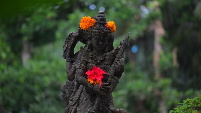 Saraswati stone statue. Decorated statues of goddess durga