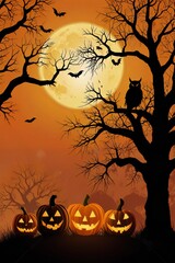 Spooky halloween night with glowing pumpkins and full moon