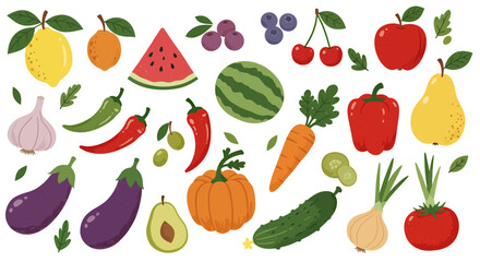 Fototapeta premium Vibrant vector PNG illustrations of fresh fruits and vegetables, perfect for adding a healthy and colorful touch to your designs, websites, or marketing materials.