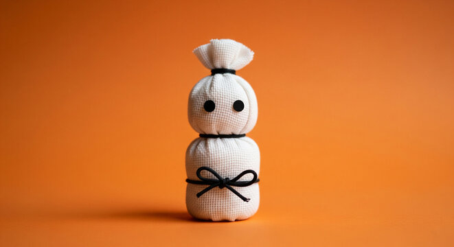 An adorable pocong spirit figurine in a white , with sharp details ,Halloween 