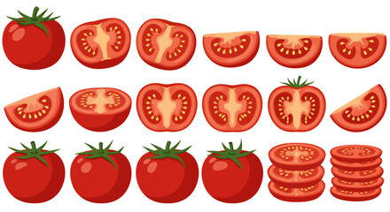 Collection of fresh red tomatoes, whole and sliced, presented in a clean vector graphic illustration on a white background.