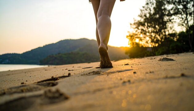 Barefoot woman walks along sandy beach at sunset, leaving footprints in the sand, creating a serene and peaceful atmosphere.