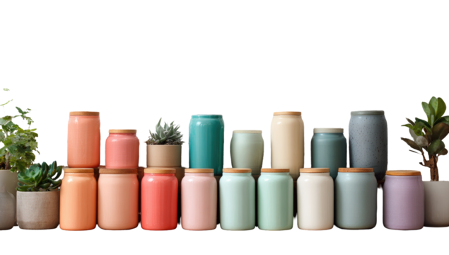 Colorful ceramic jars and planters in a variety of pastel hues