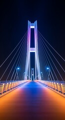 Fototapeta premium Modern suspension bridge illuminated with vibrant blue and orange lights at night