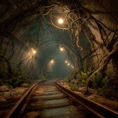 Naklejka premium Overgrown Railway Tunnel, Abandoned, Nature Reclaiming, Foggy, Mysterious, Game Asset