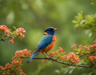 Obraz premium A bright exotic bird in a tropical garden, a cute bird in sunlight. lilac-breasted roller on a branch.