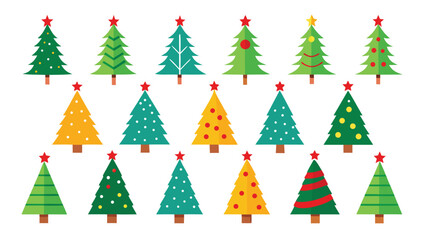 Collection of Colorful Christmas Trees with Stars on Top Isolated on White