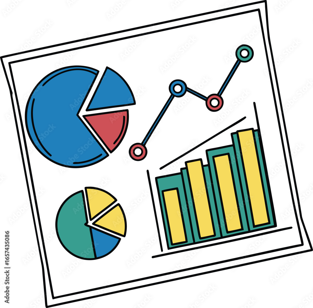 Poster illustration of business charts and graphs for data analysis isolated on white background