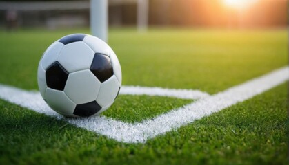 Fototapeta premium Soccer ball on grass field with white boundary line, blurred background of sunset over soccer field, low angle view.