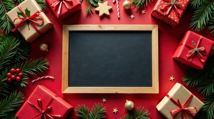 Festive Holiday Season Background with Gifts and Blank Chalkboard for Your Message