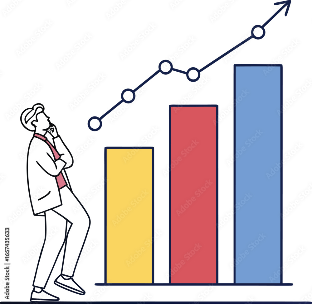 Poster vector art of a man looking at a chart and graph representing business growth and success isolated o